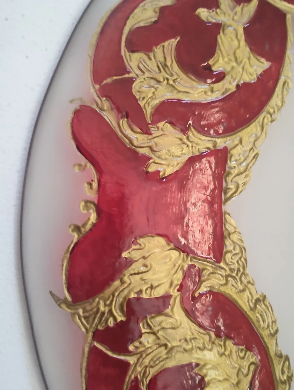 VTG MCM Red & Gold Opaque Hand Painted Decorative Charger Platter Plate 14”